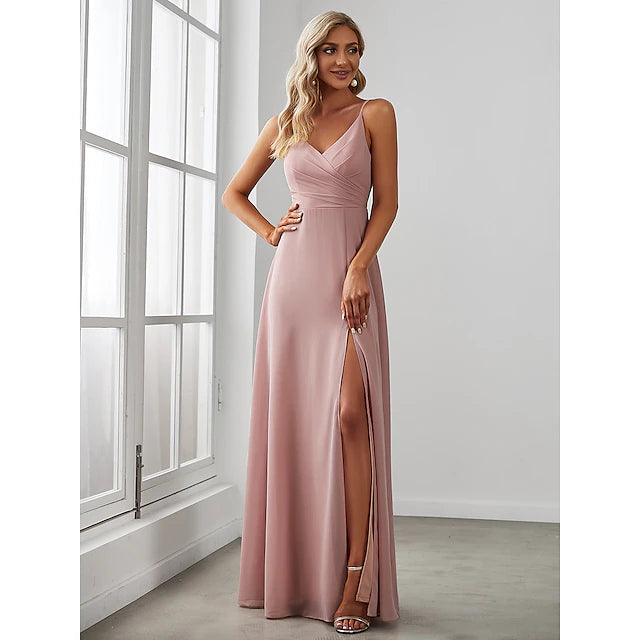 Luolandi A-Line Bridesmaid Dress V Neck Sleeveless Elegant Floor Length Chiffon with Draping / Solid